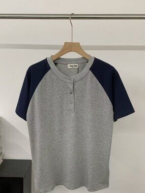 Miu Miu Grey Body with Navy Raglan Short Sleeve Henley
